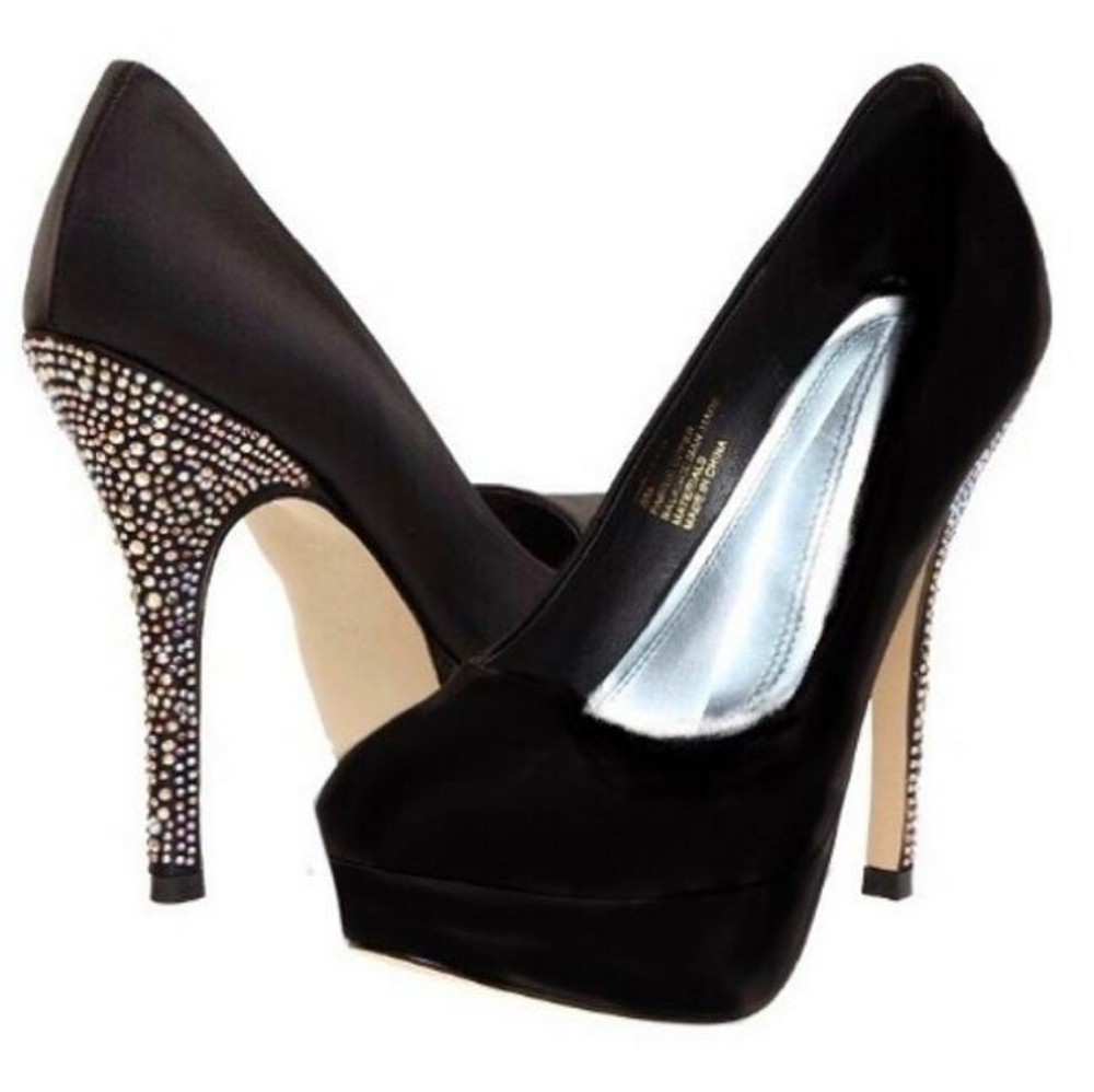 BAMBOO Black Satin Stilettos w/Rhinestone Embellished Heel